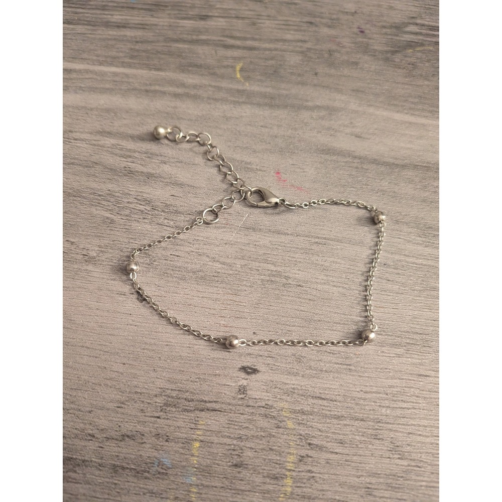 Silver Tone Dainty Bead Station Chain Bracelet Adjustable Lobster Clasp